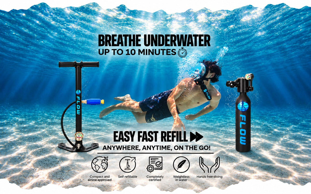 Diver using a FlowTank mini scuba tank with the Flow hand pump and Series 5 tank